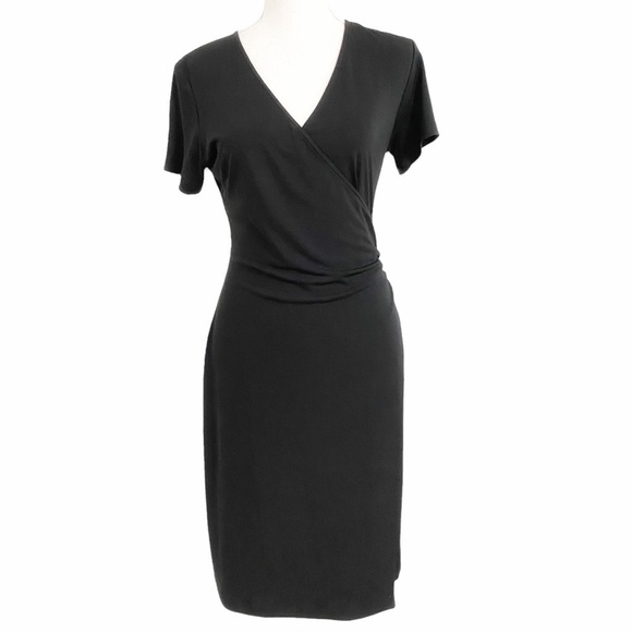 Gerard DAREL BLACK V-NECKLINE SURPLICE PLEATED SIDE SHORT SLEEVE MIDI DRESS - Picture 1 of 10
